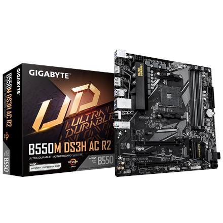 440x440 Gigabyte B550M DS3H AC R2 | Processor family AMD | Processor socket AM4 | DDR4 DIMM | Supported hard disk drive interfaces SATA, M.2 | Number of SATA connectors 4